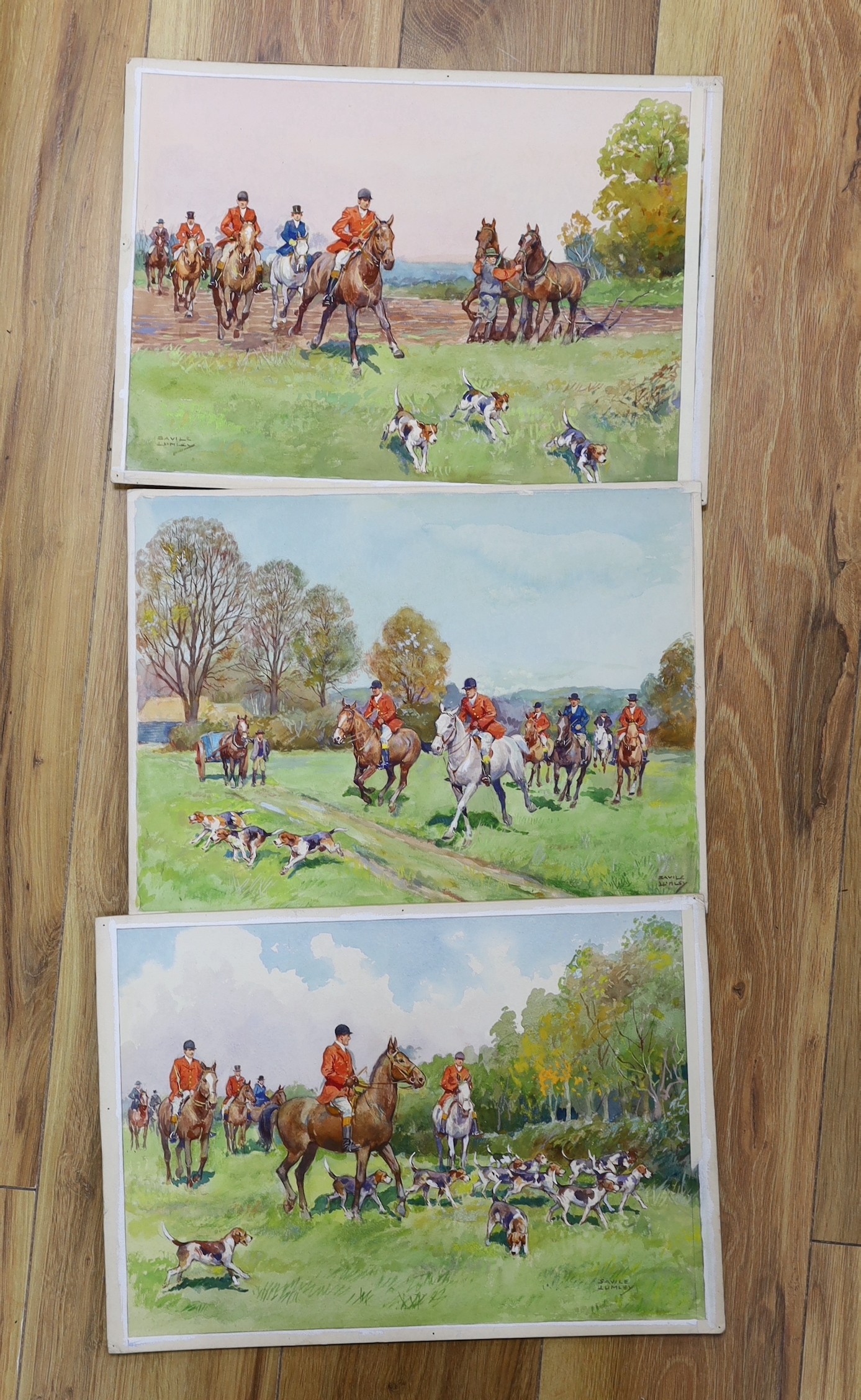 Savile Lumley (1876-1960), three watercolours, Hunting scenes, signed, 26 x 35cm, unframed